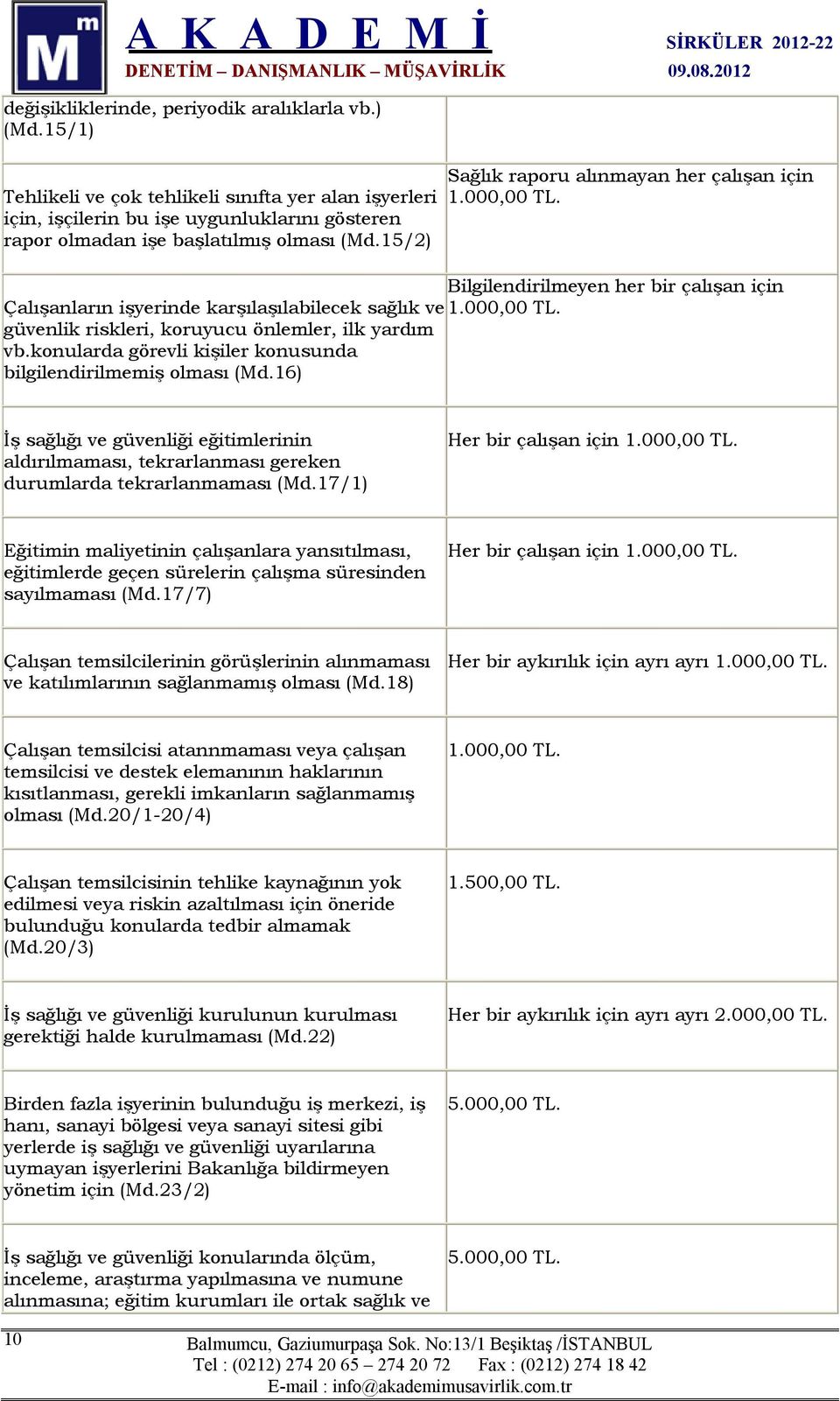 konularda görevli kişiler konusunda bilgilendirilmemiş olması (Md.16) İş sağlığı ve güvenliği eğitimlerinin aldırılmaması, tekrarlanması gereken durumlarda tekrarlanmaması (Md.