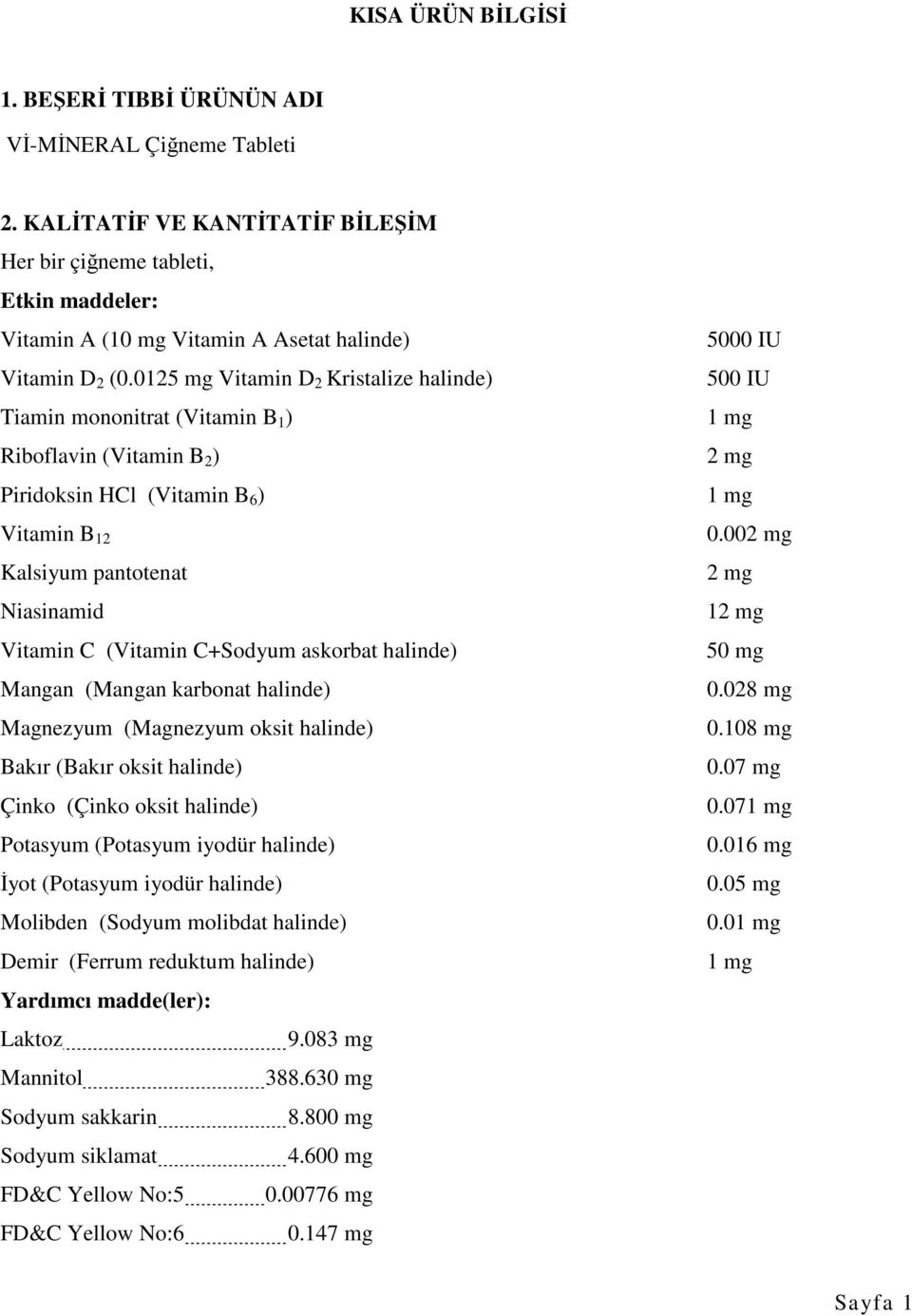 0125 mg Vitamin D 2 Kristalize halinde) Tiamin mononitrat (Vitamin B 1 ) Riboflavin (Vitamin B 2 ) Piridoksin HCl (Vitamin B 6 ) Vitamin B 12 Kalsiyum pantotenat Niasinamid Vitamin C (Vitamin