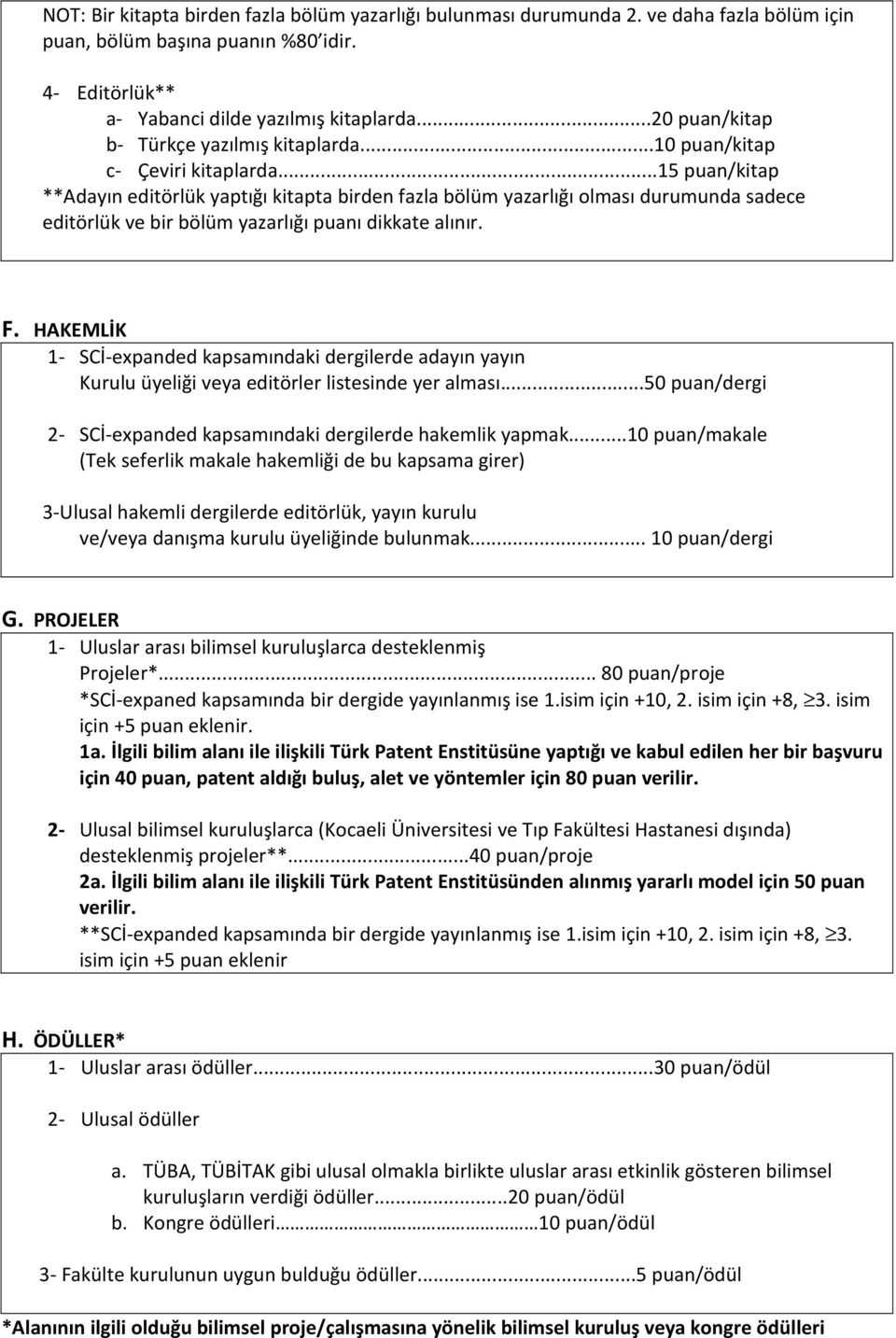 ..15 puan/kitap **Adayın editörlük yaptığı kitapta birden fazla bölüm yazarlığı olması durumunda sadece editörlük ve bir bölüm yazarlığı puanı dikkate alınır. F.