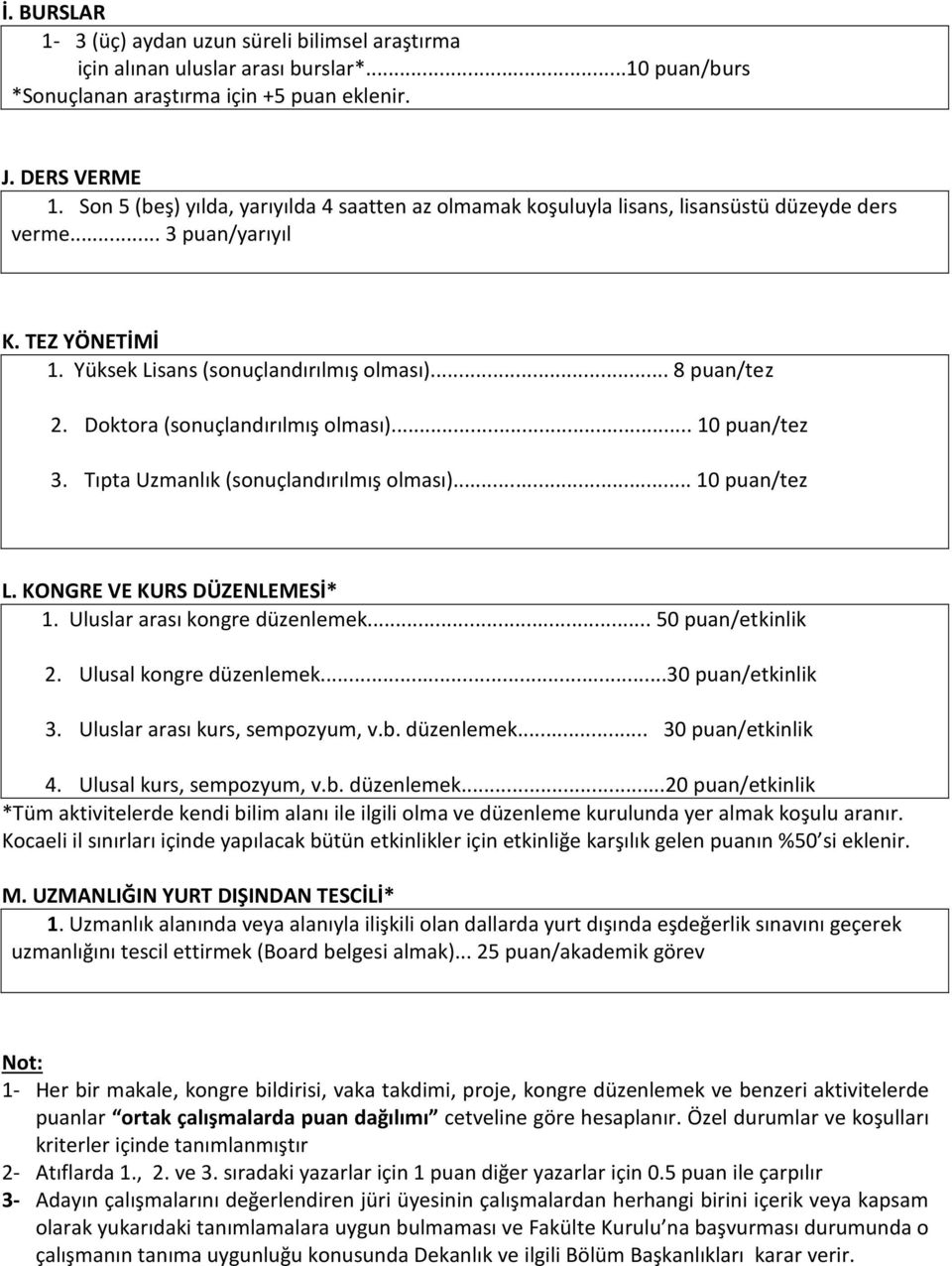 Doktora (sonuçlandırılmış olması)... 10 puan/tez 3. Tıpta Uzmanlık (sonuçlandırılmış olması)... 10 puan/tez L. KONGRE VE KURS DÜZENLEMESİ* 1. Uluslar arası kongre düzenlemek... 50 puan/etkinlik 2.