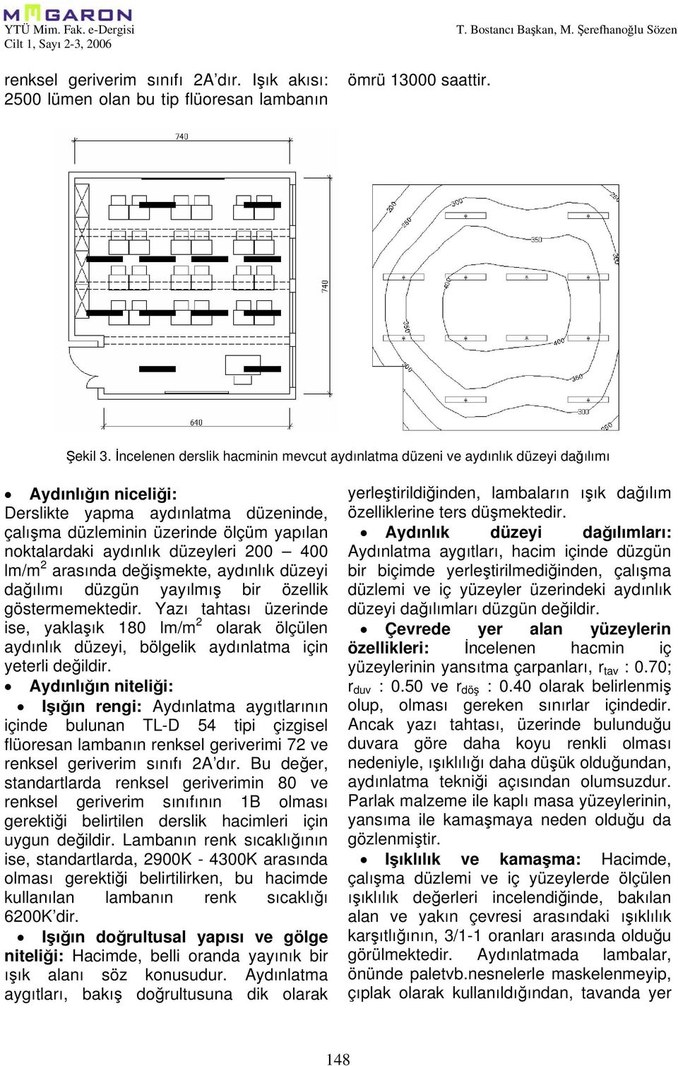 aydınlık düzeyleri 200 400 lm/m 2 arasında değişmekte, aydınlık düzeyi dağılımı düzgün yayılmış bir özellik göstermemektedir.