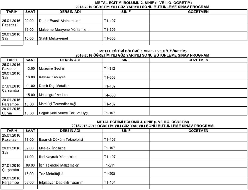 00 Metalografi ve Lab. T4-330 15.00 Metalürji Termodinamiği T1-107 Cuma 10.30 Soğuk Şekil verme Tek. ve Uyg. T1-107 METAL EĞİTİMİ BÖLÜMÜ 4. SINIF (I. VE II.Ö. ÖĞRETİM) 2015 11.