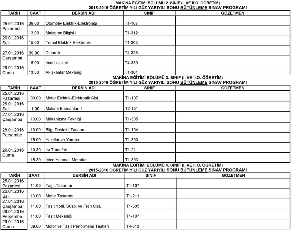 00 Makine Elemanları I T2-151 13.00 Mekanizma Tekniği T1-305 13.00 Bilg. Destekli Tasarım T1-104 15.00 Yakıtlar ve Yanma T1-303 10.30 Isı Transferi T1-211 Cuma 15.