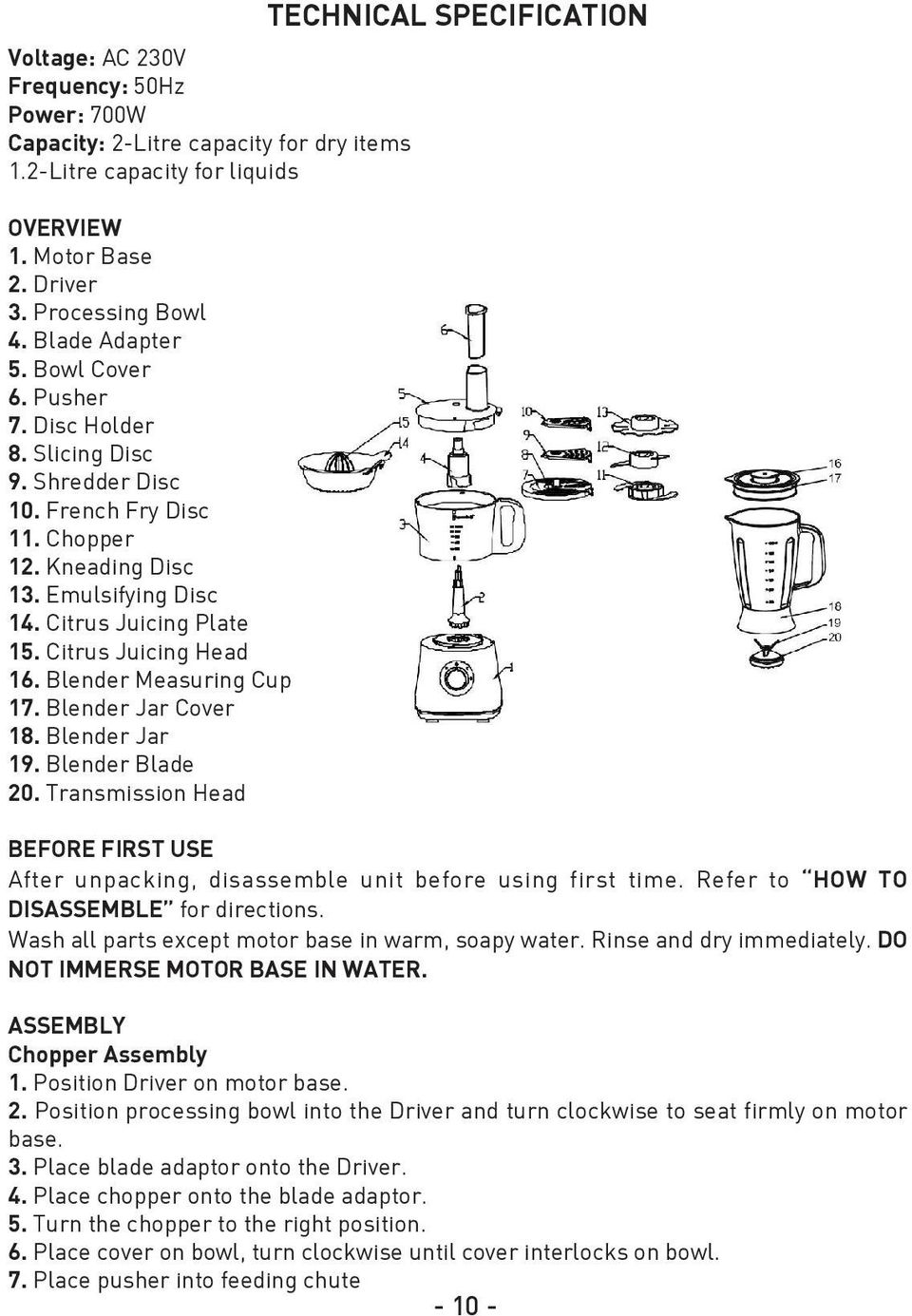 Blender Measuring Cup 17. Blender Jar Cover 18. Blender Jar 19. Blender Blade 20. Transmission Head TECHNICAL SPECIFICATION BEFORE FIRST USE After unpacking, disassemble unit before using first time.