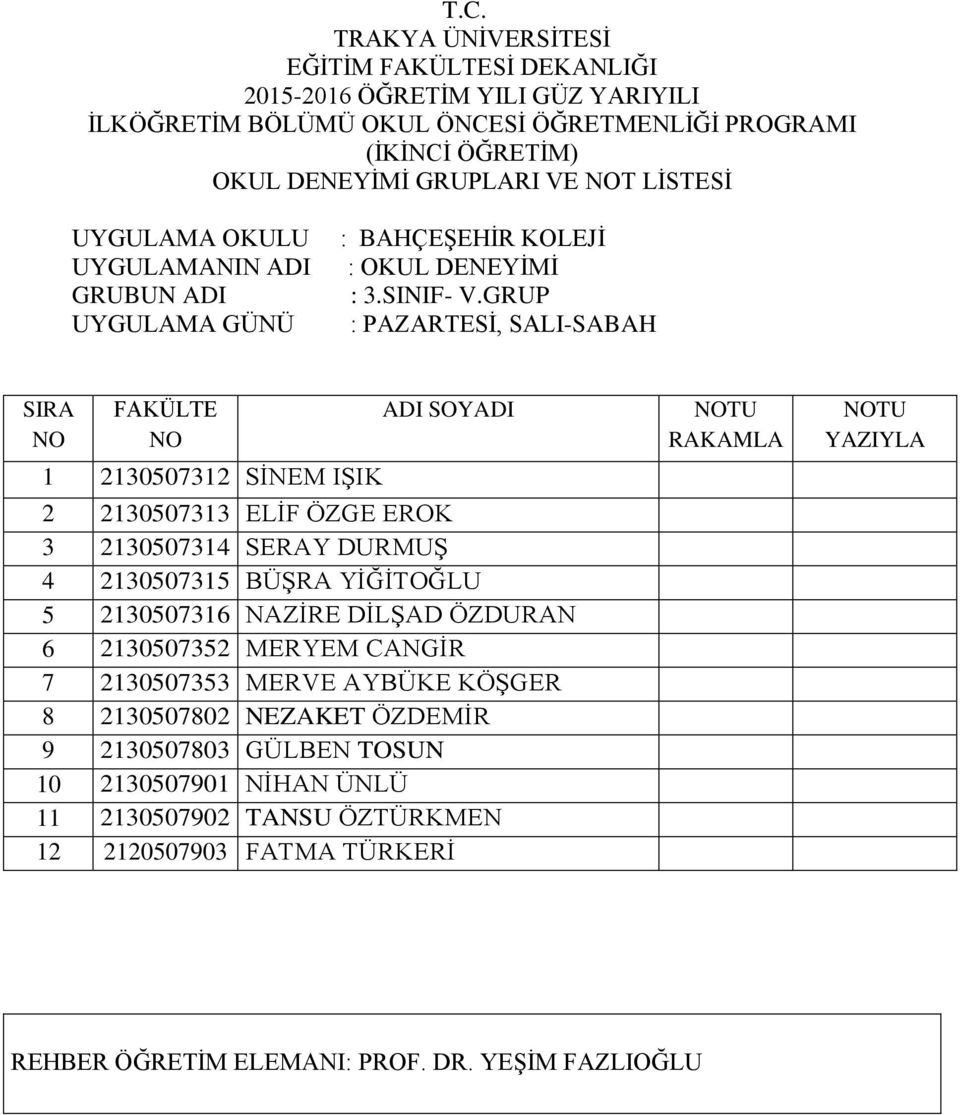 2130507316 NAZİRE DİLŞAD ÖZDURAN 6 2130507352 MERYEM CANGİR 7 2130507353 MERVE AYBÜKE KÖŞGER 8 2130507802 NEZAKET