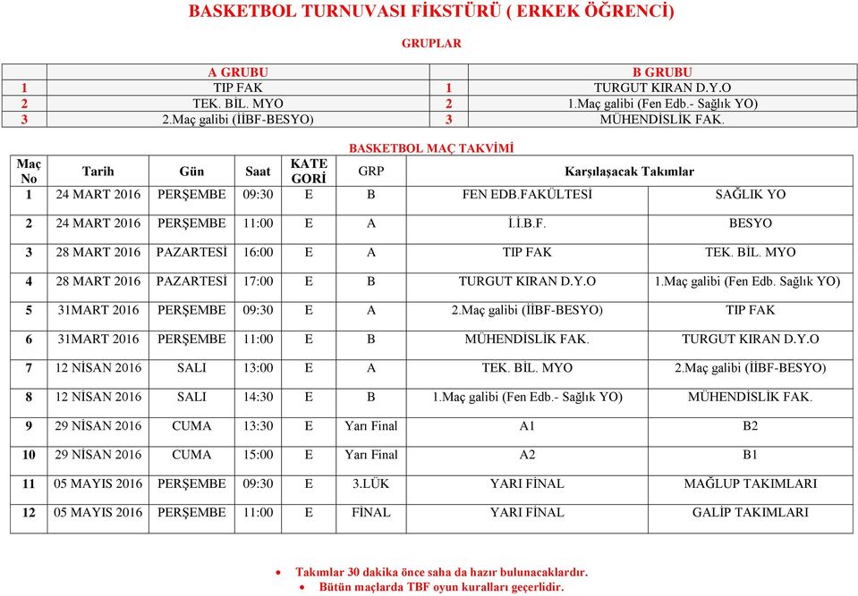 BİL. MYO 4 28 MART 2016 PAZARTESİ 17:00 E B TURGUT KIRAN D.Y.O 1.Maç galibi (Fen Edb. Sağlık YO) 5 31MART 2016 PERŞEMBE 09:30 E A 2.