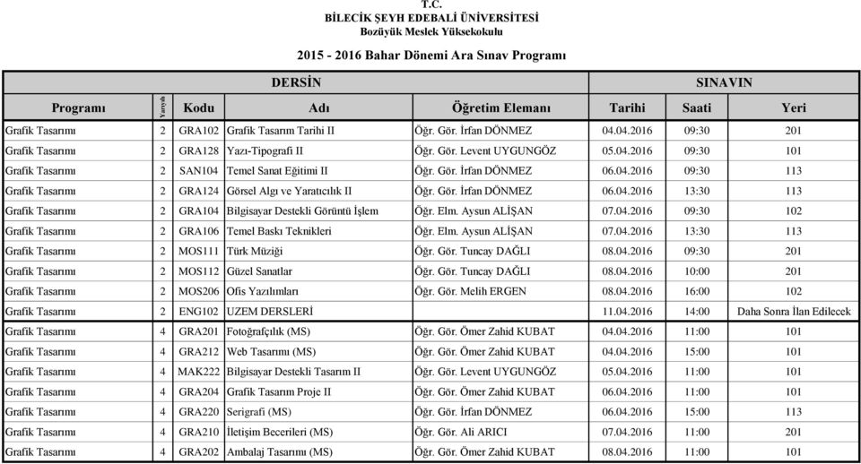 Elm. Aysun ALİŞAN 07.04.2016 09:30 102 Grafik Tasarımı 2 GRA106 Temel Baskı Teknikleri Öğr. Elm. Aysun ALİŞAN 07.04.2016 13:30 113 Grafik Tasarımı 2 MOS111 Türk Müziği Öğr. Gör. Tuncay DAĞLI 08.04.2016 09:30 201 Grafik Tasarımı 2 MOS112 Güzel Sanatlar Öğr.