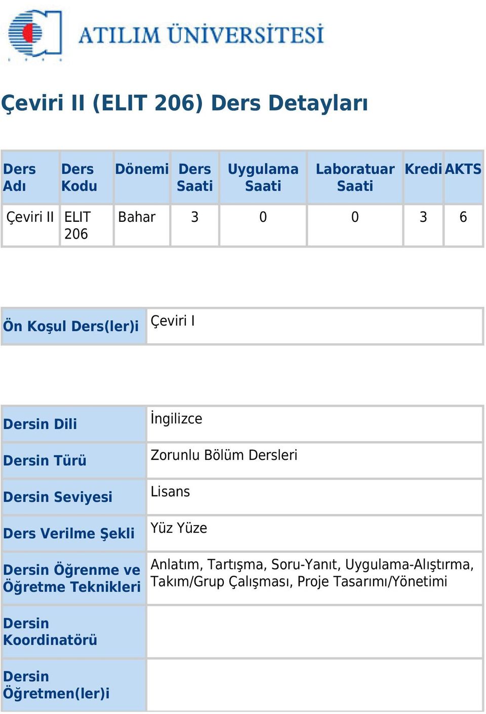 Verilme Şekli İngilizce Zorunlu Bölüm Dersleri Lisans Yüz Yüze Dersin Öğrenme ve Öğretme Teknikleri Dersin