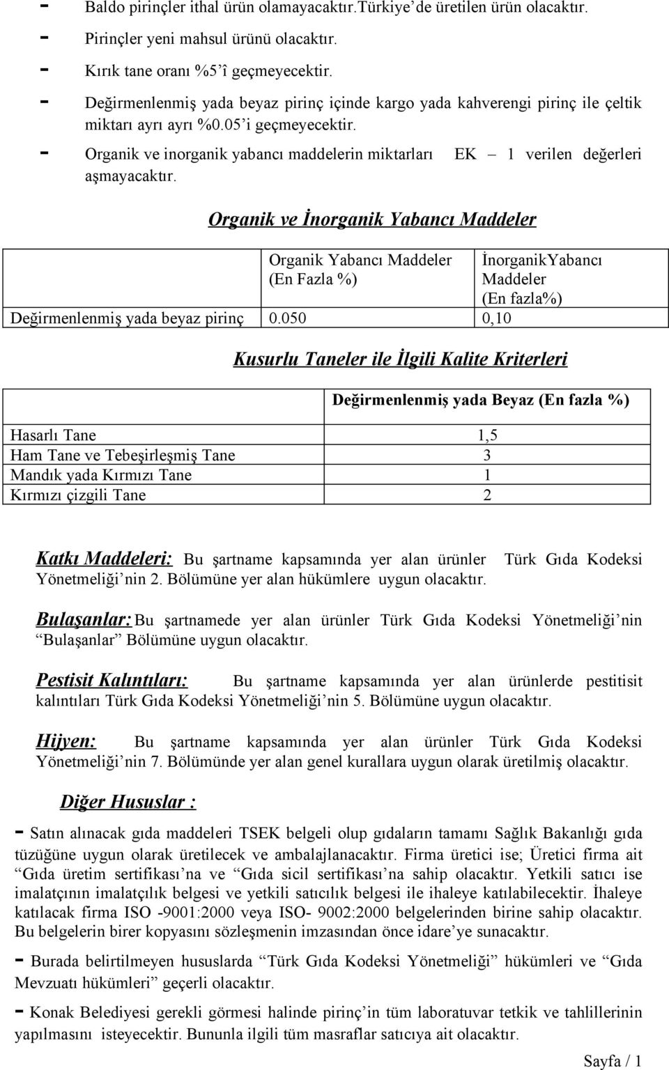 - Organik ve inorganik yabancı maddelerin miktarları EK 1 verilen değerleri aşmayacaktır.