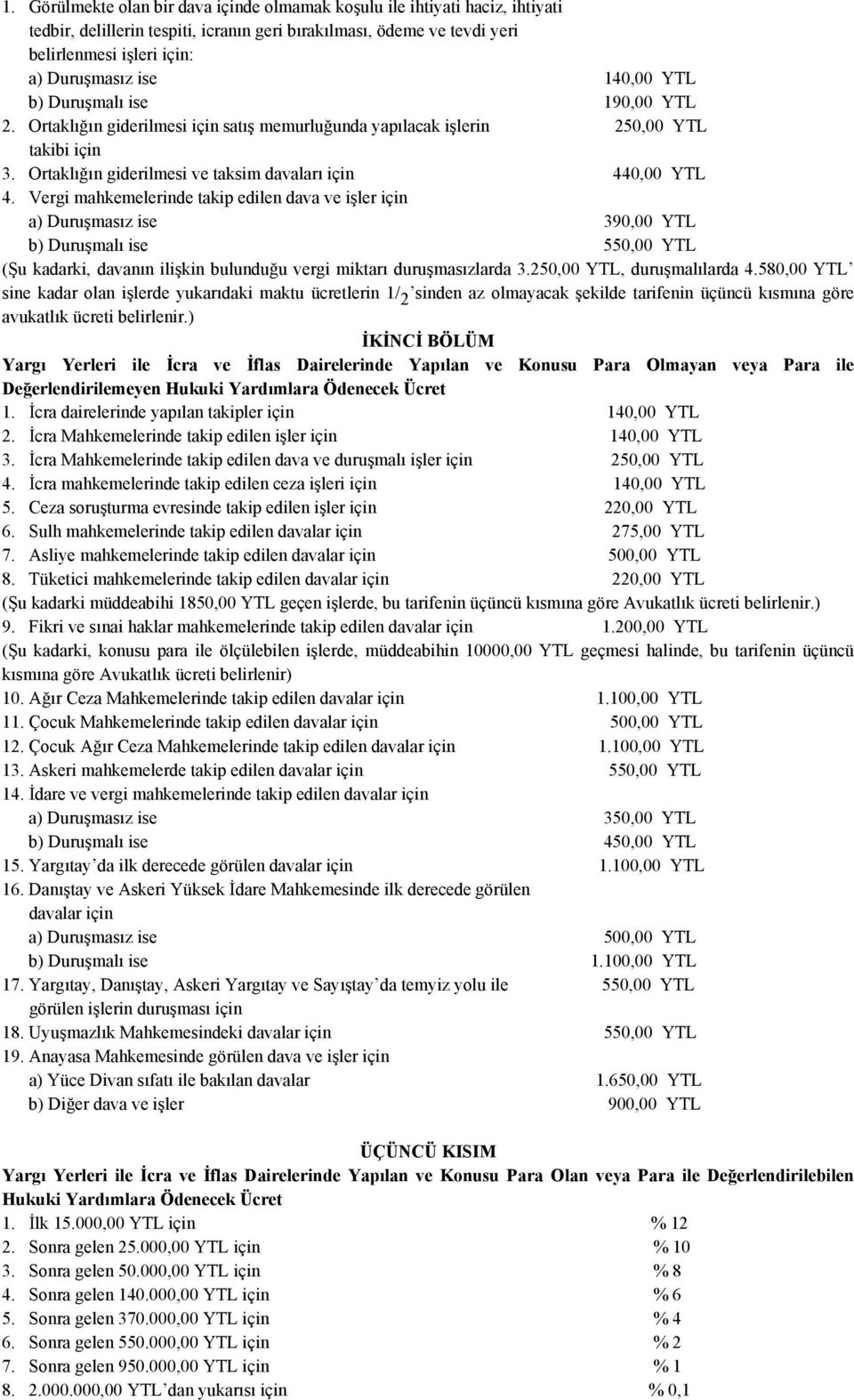 Vergi mahkemelerinde takip edilen dava ve işler için a) Duruşmasız ise 390,00 YTL b) Duruşmalı ise 550,00 YTL (Şu kadarki, davanın ilişkin bulunduğu vergi miktarı duruşmasızlarda 3.