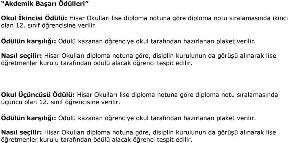 Nasıl seçilir: Hisar Okulları diploma notuna göre, disiplin kurulunun da görüşü alınarak lise ög retmenler kurulu tarafından ödülü alacak ög renci