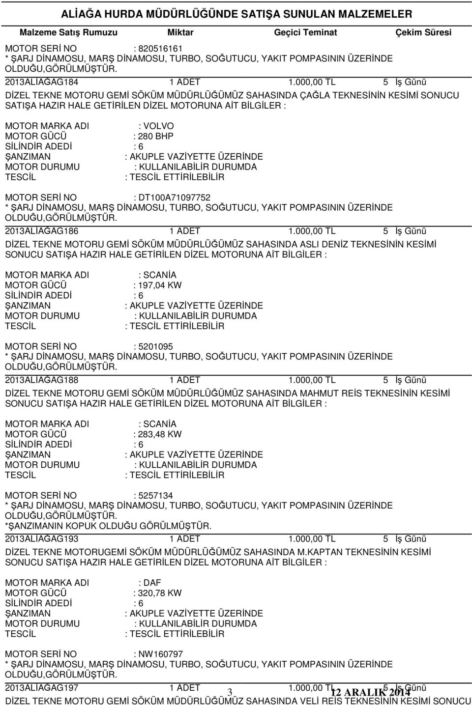 2013ALİAĞAG188 DİZEL TEKNE MOTORU GEMİ SÖKÜM MÜDÜRLÜĞÜMÜZ SAHASINDA MAHMUT REİS TEKNESİNİN KESİMİ : 283,48 KW : ETTİRİLEBİLİR : 5257134 OLDUĞU, *IN KOPUK OLDUĞU 2013ALİAĞAG193 DİZEL TEKNE