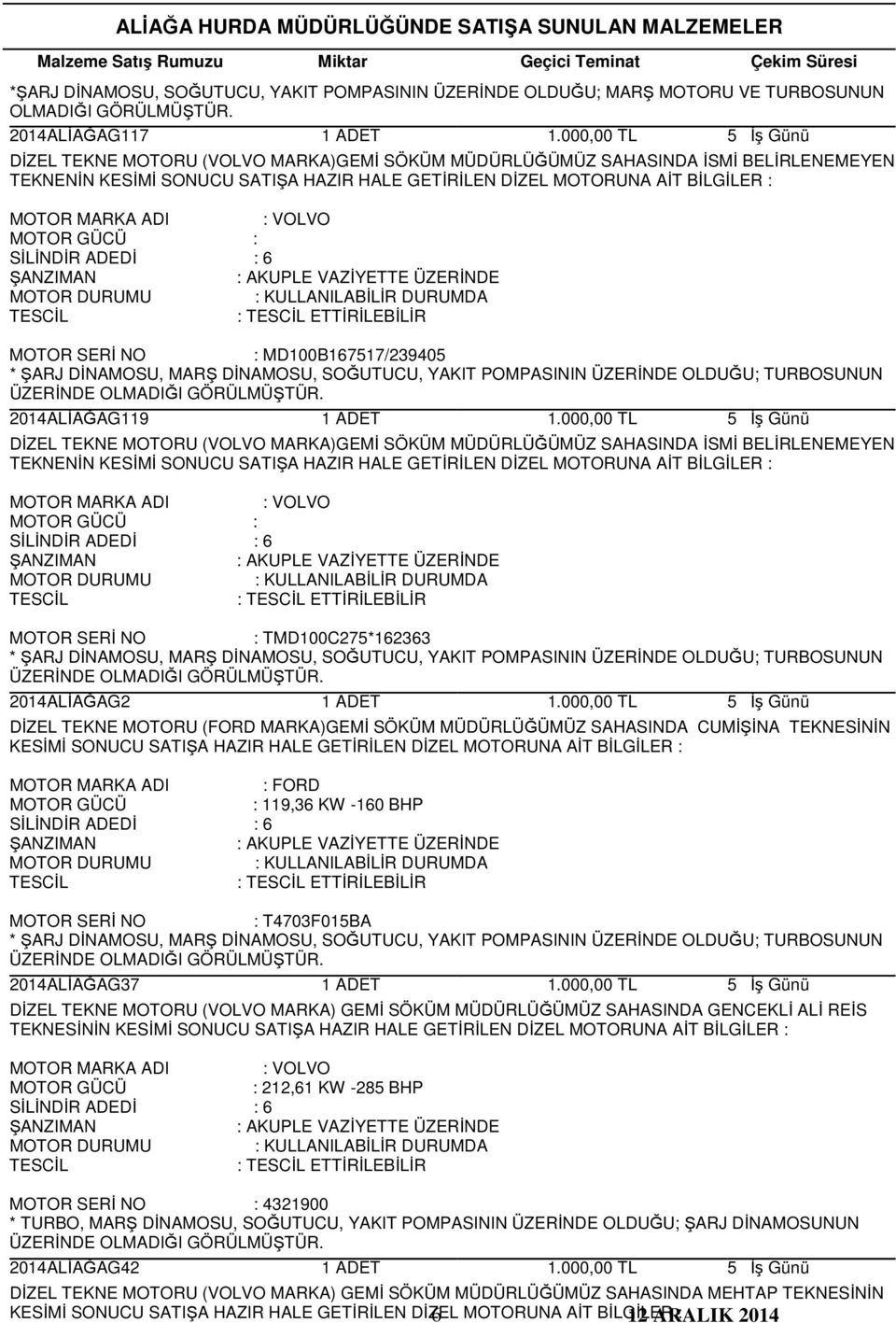 ETTİRİLEBİLİR : TMD100C275*162363 ÜZERİNDE OLMADIĞI 2014ALİAĞAG2 DİZEL TEKNE MOTORU (FORD MARKA)GEMİ SÖKÜM MÜDÜRLÜĞÜMÜZ SAHASINDA CUMİŞİNA TEKNESİNİN KESİMİ : FORD : 119,36 KW -160 BHP :