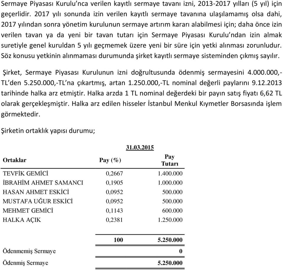 bir tavan tutarı için Sermaye Piyasası Kurulu ndan izin almak suretiyle genel kuruldan 5 yılı geçmemek üzere yeni bir süre için yetki alınması zorunludur.