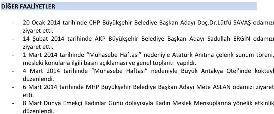 - 1 Mart 2014 tarihinde Muhasebe Haftası nedeniyle Atatürk Anıtına çelenk sunum töreni, mesleki konularla ilgili basın açıklaması ve genel toplantı yapıldı.