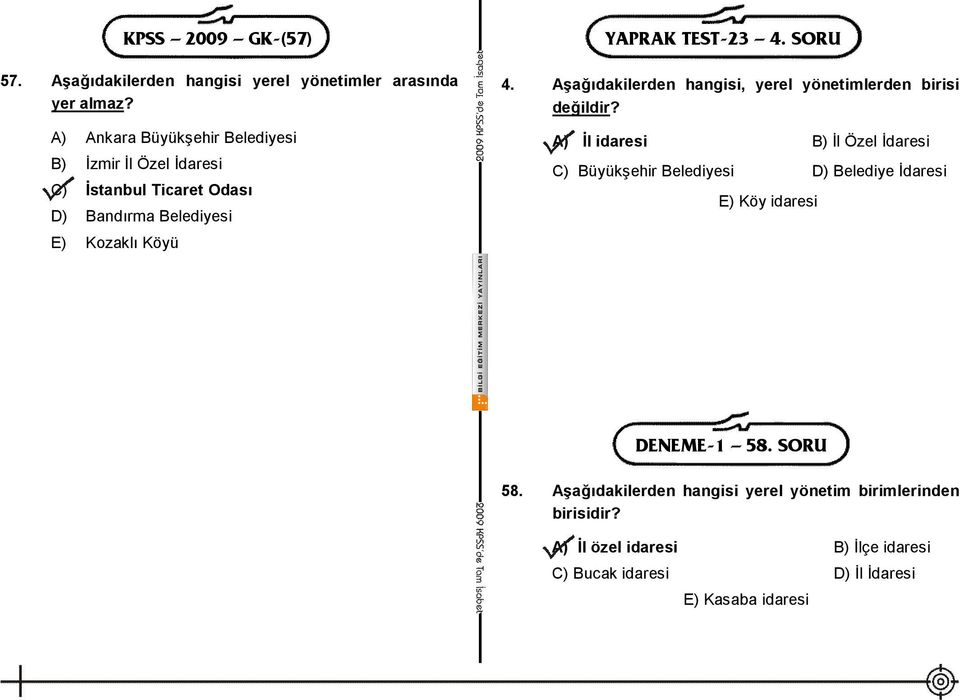 GK-(57) YAPRAK TEST-23 4. SORU 4. Aşağıdakilerden hangisi, yerel yönetimlerden birisi değildir?