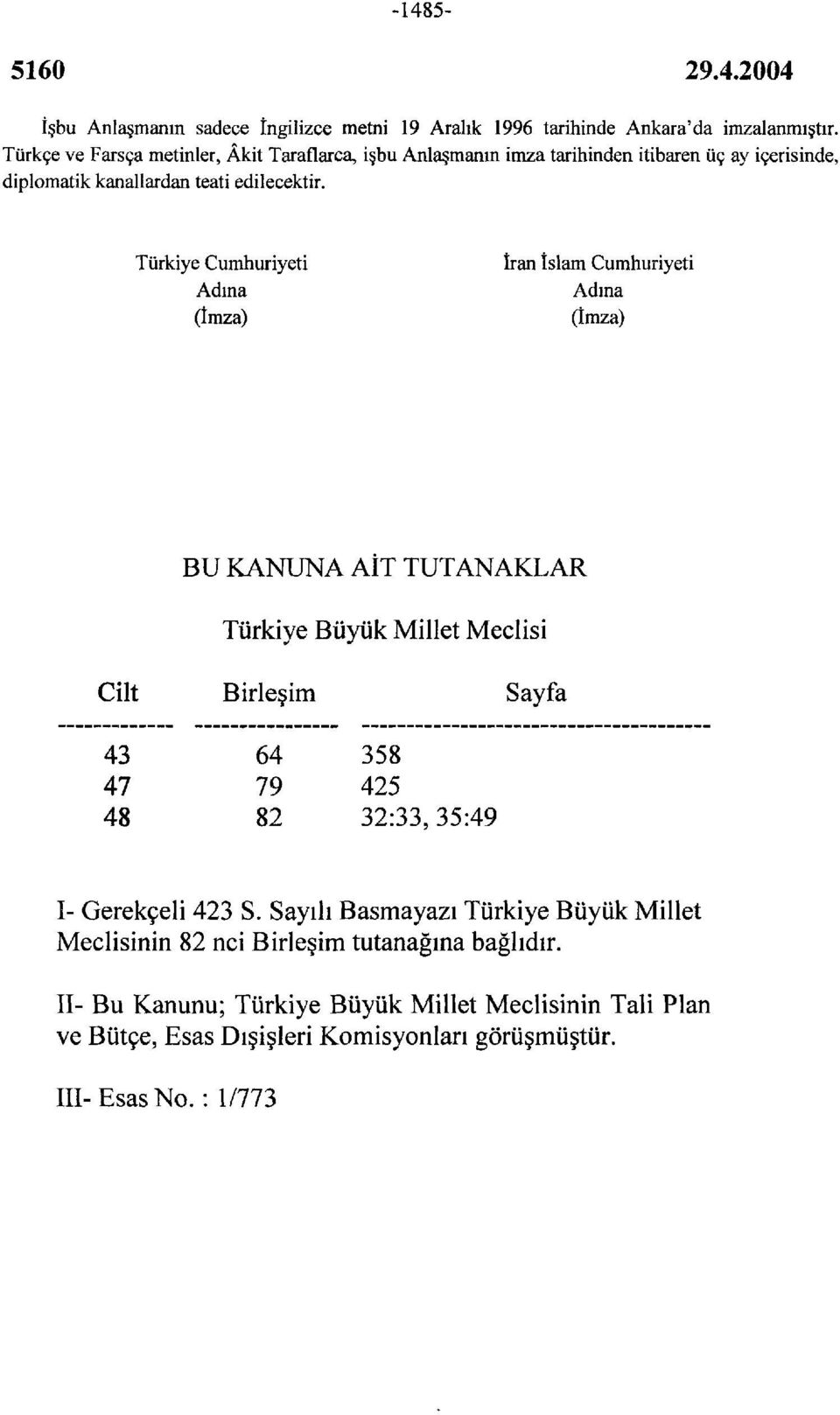 Türkiye Cumhuriyeti İran İslam Cumhuriyeti BU KANUNA AİT TUTANAKLAR Türkiye Büyük Millet Meclisi Cilt Birleşim Sayfa 43 47 48 64 79 82 358 425 32:33, 35:49