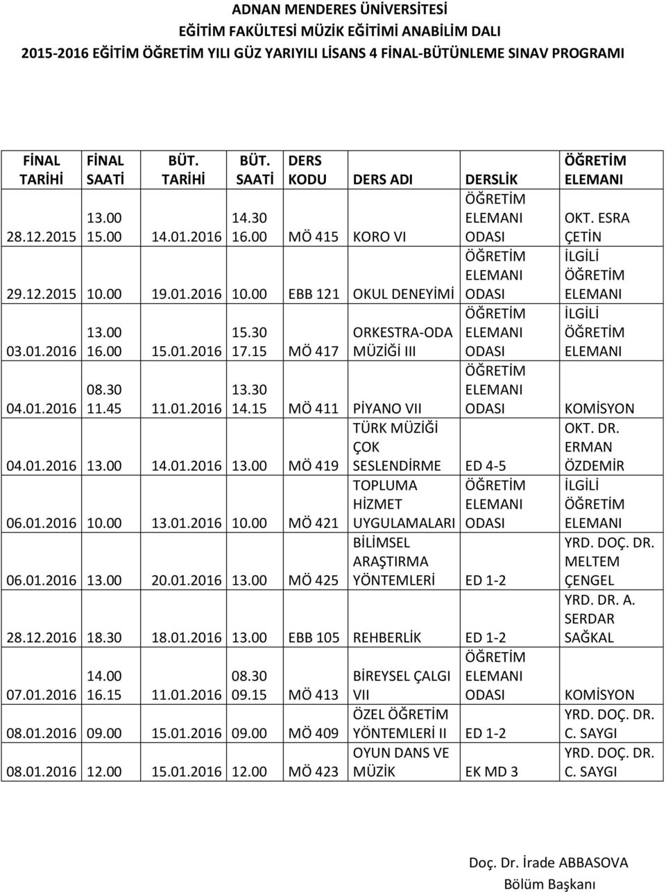 01.2016 13.00 419 SESLENDİRME ED 4-5 TOPLUMA HİZMET 06.01.2016 10.00 13.01.2016 10.00 421 UYGULAMALARI 06.01.2016 13.00 20.01.2016 13.00 425 BİLİMSEL ARAŞTIRMA YÖNTEMLERİ ED 1-2 28.12.2016 18.30 18.