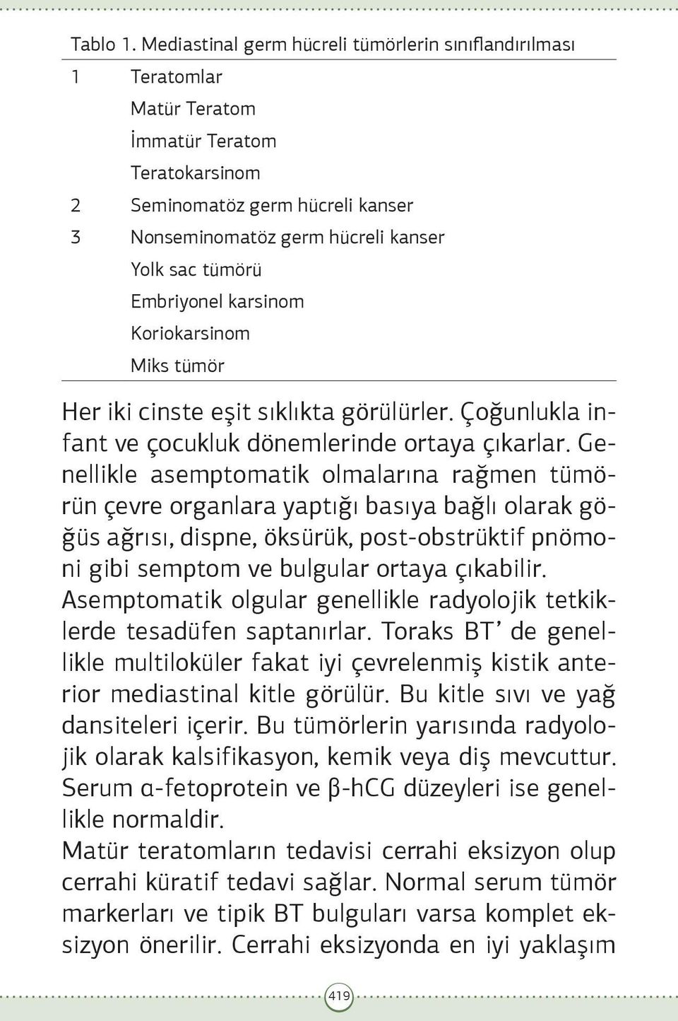 Embriyonel karsinom Koriokarsinom Miks tümör Her iki cinste eşit sıklıkta görülürler. Çoğunlukla infant ve çocukluk dönemlerinde ortaya çıkarlar.