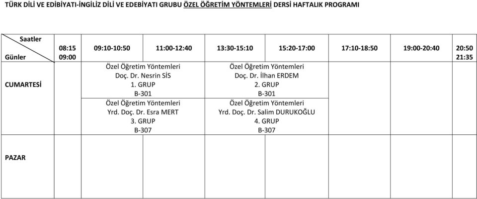 Nesrin SİS Doç. Dr. İlhan ERDEM B-301 B-301 Yrd. Doç. Dr. Esra MERT B-307 Yrd.