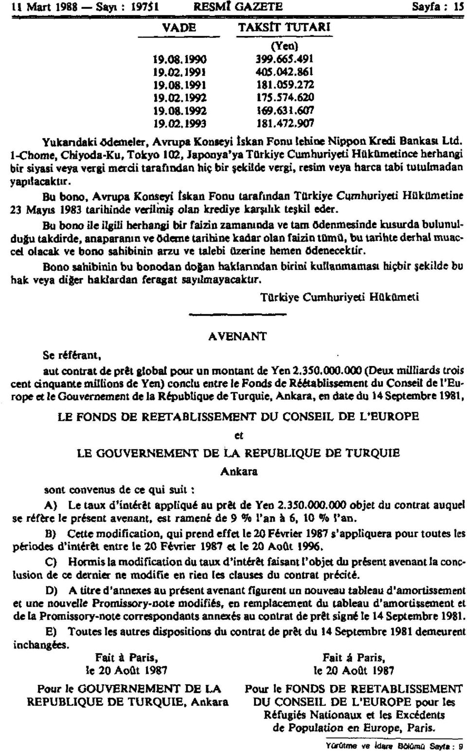 1-Chome, Chiyoda-Ku, Tokyo 102, Japonya'ya Türkiye Cumhuriyeti Hükümetince herhangi bir siyasi veya vergi mercii tarafından hiç bir şekilde vergi, resim veya harca tabi tutulmadan yapılacaktır.