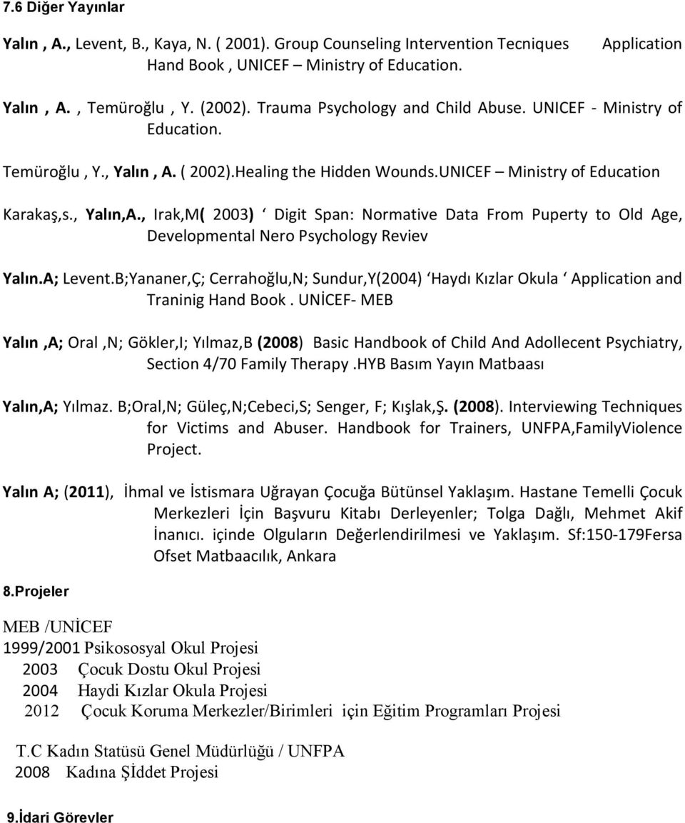 , Irak,M( 2003) Digit Span: Normative Data From Puperty to Old Age, Developmental Nero Psychology Reviev Yalın.A; Levent.