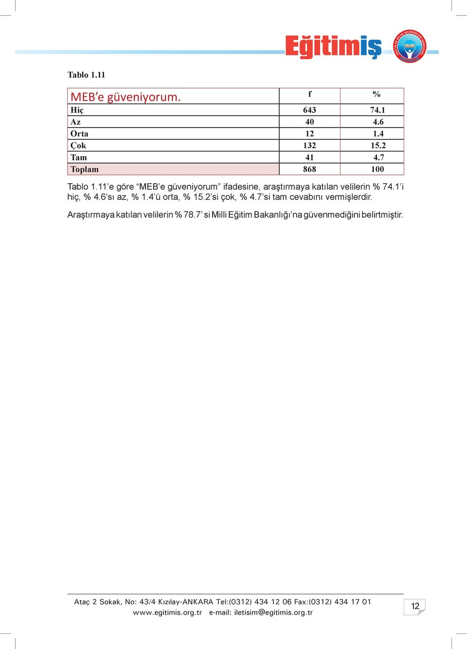 11 e göre MEB e güveniyorum ifadesine, araştırmaya katılan velilerin % 74.1 i hiç, % 4.