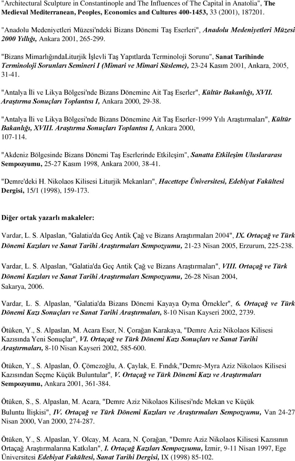 "Bizans MimarlığındaLiturjik İşlevli Taş Yapıtlarda Terminoloji Sorunu", Sanat Tarihinde Terminoloji Sorunları Semineri I (Mimari ve Mimari Süsleme), 23-24 Kasım 2001, Ankara, 2005, 31-41.