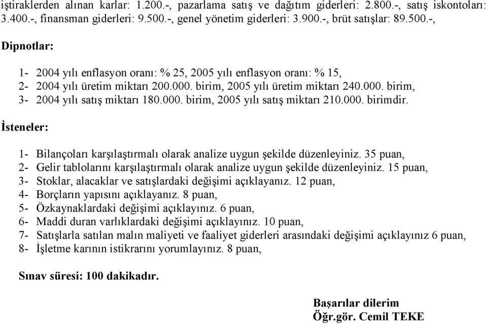 birim, 2005 yılı üretim miktarı 240.000. birim, 3-2004 yılı satış miktarı 180.000. birim, 2005 yılı satış miktarı 210.000. birimdir.