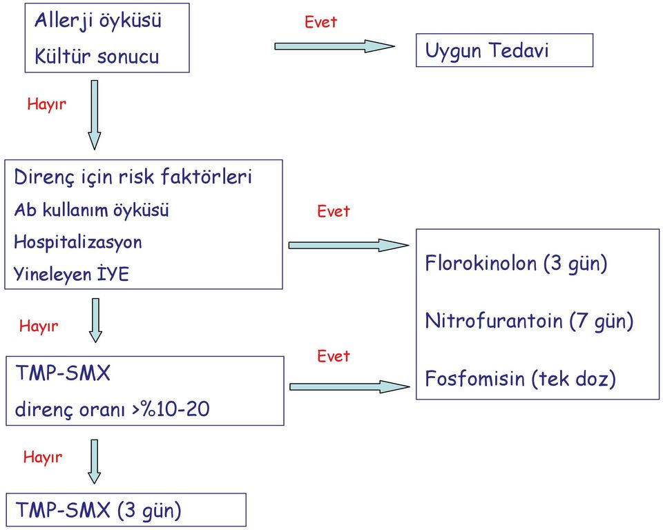 Hayır TMP-SMX direnç oranı >%10-20 Evet Evet Florokinolon (3 gün)