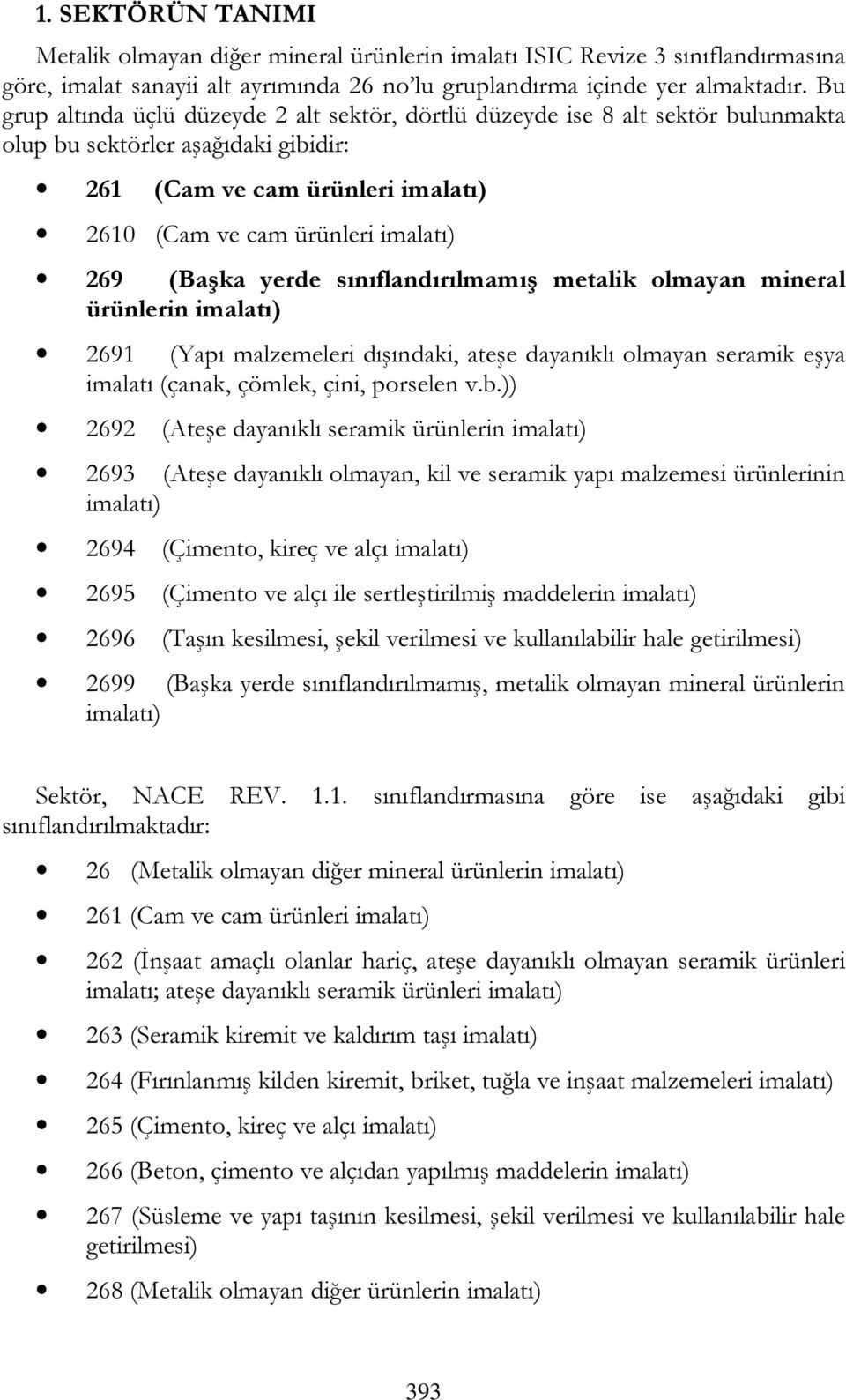 (Başka yerde sınıflandırılmamış metalik olmayan mineral ürünlerin imalatı) 2691 (Yapı malzemeleri dışındaki, ateşe dayanıklı olmayan seramik eşya imalatı (çanak, çömlek, çini, porselen v.b.