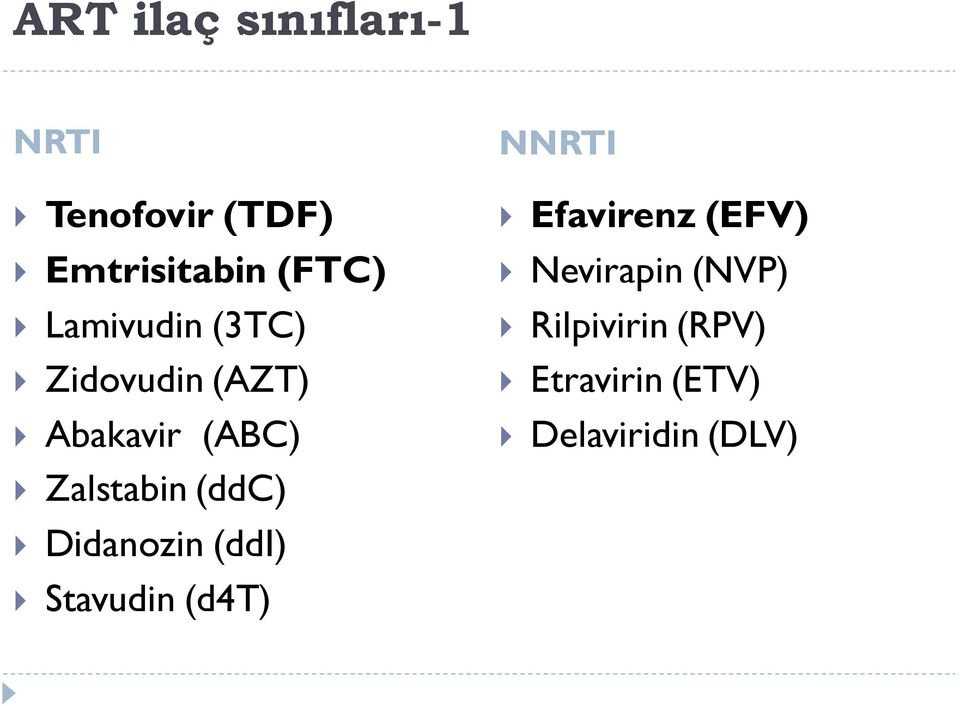 (ddc) Didanozin (ddi) Stavudin (d4t) NNRTI Efavirenz (EFV)