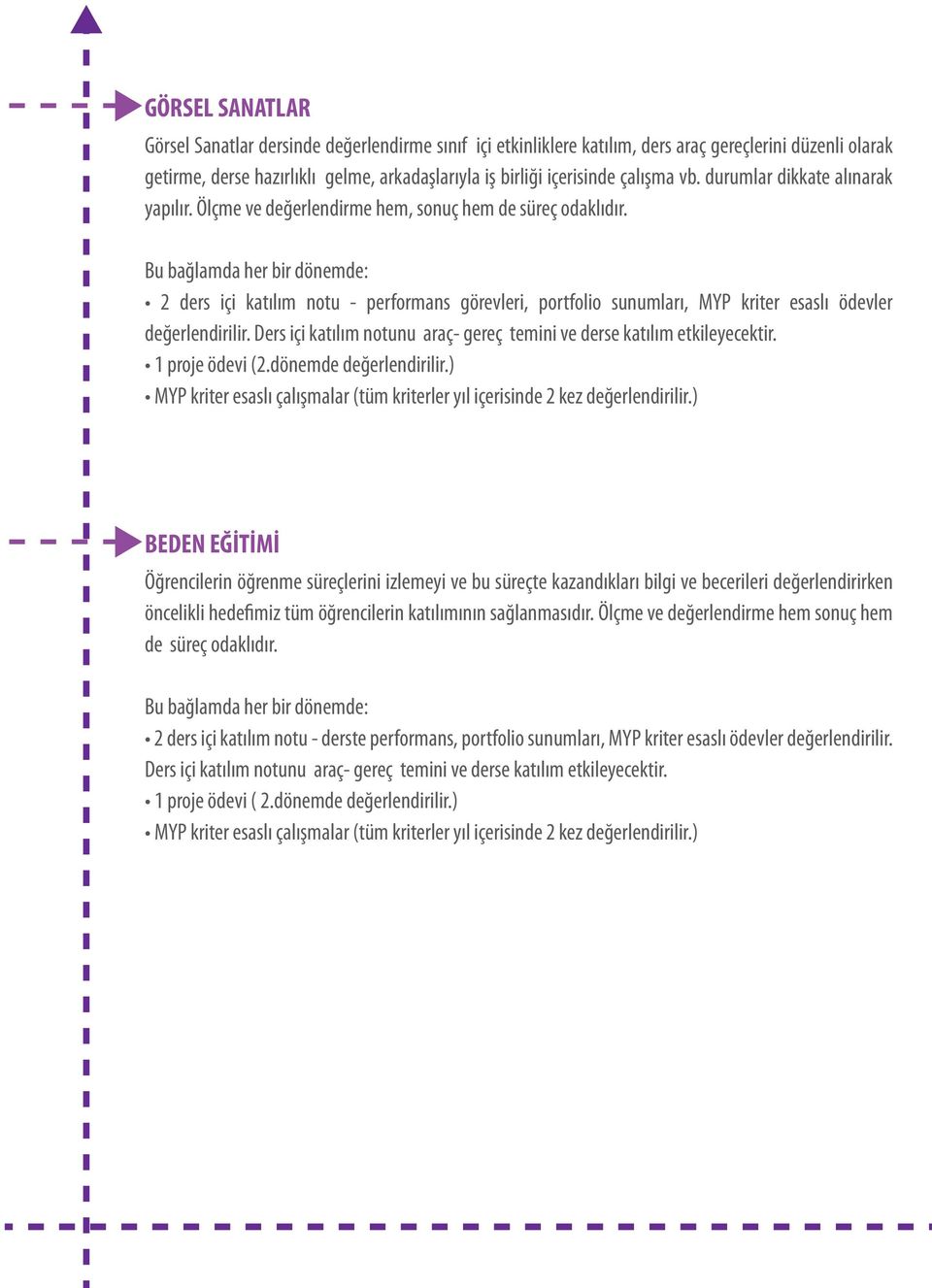 Bu bağlamda her bir dönemde: 2 ders içi katılım notu - performans görevleri, portfolio sunumları, MYP kriter esaslı ödevler değerlendirilir.