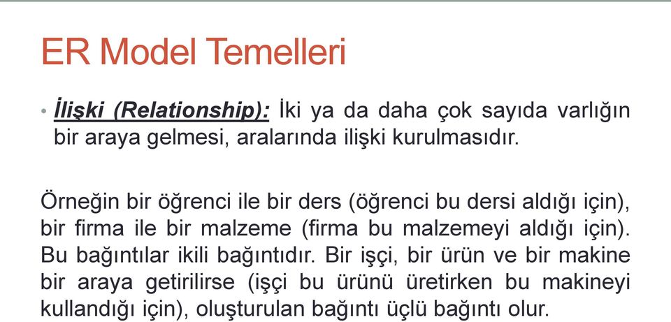 Örneğin bir öğrenci ile bir ders (öğrenci bu dersi aldığı için), bir firma ile bir malzeme (firma bu