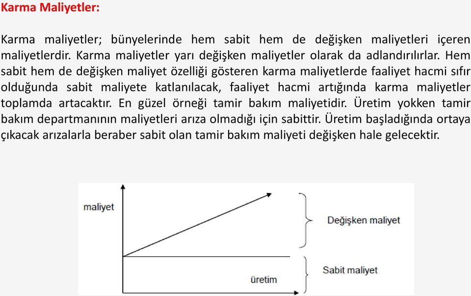 Hem sabit hem de değişken maliyet özelliği gösteren karma maliyetlerde faaliyet hacmi sıfır olduğunda sabit maliyete katlanılacak, faaliyet hacmi