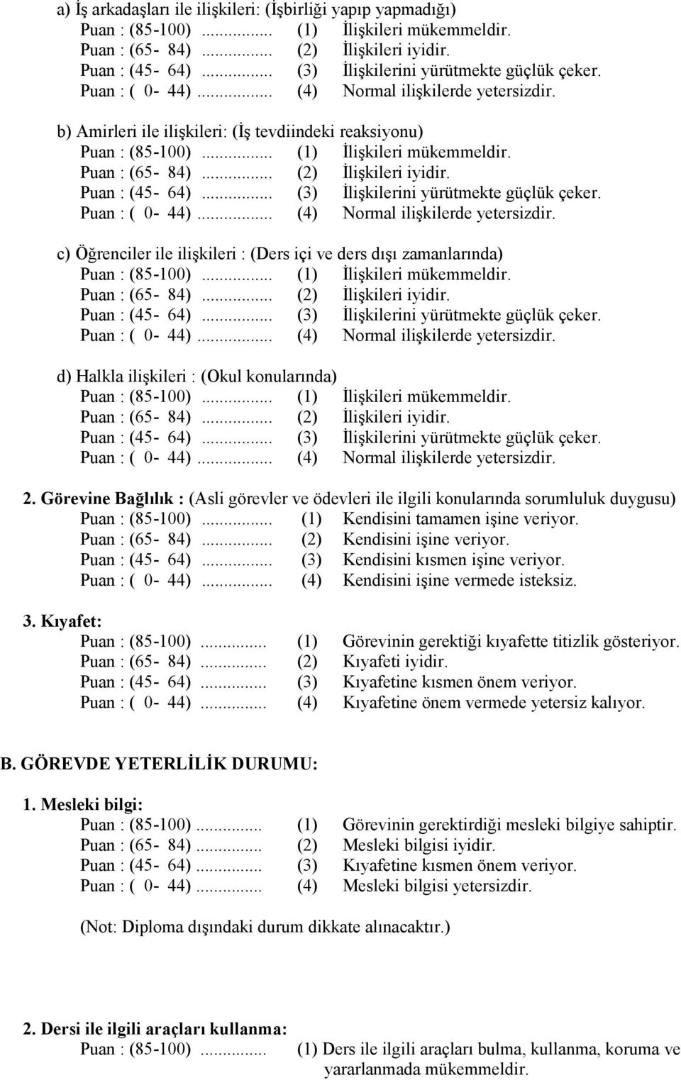 .. (2) Kendisini işine veriyor. Puan : (45-64)... (3) Kendisini kısmen işine veriyor. Puan : ( 0-44)... (4) Kendisini işine vermede isteksiz. 3. Kıyafet: Puan : (85-100).