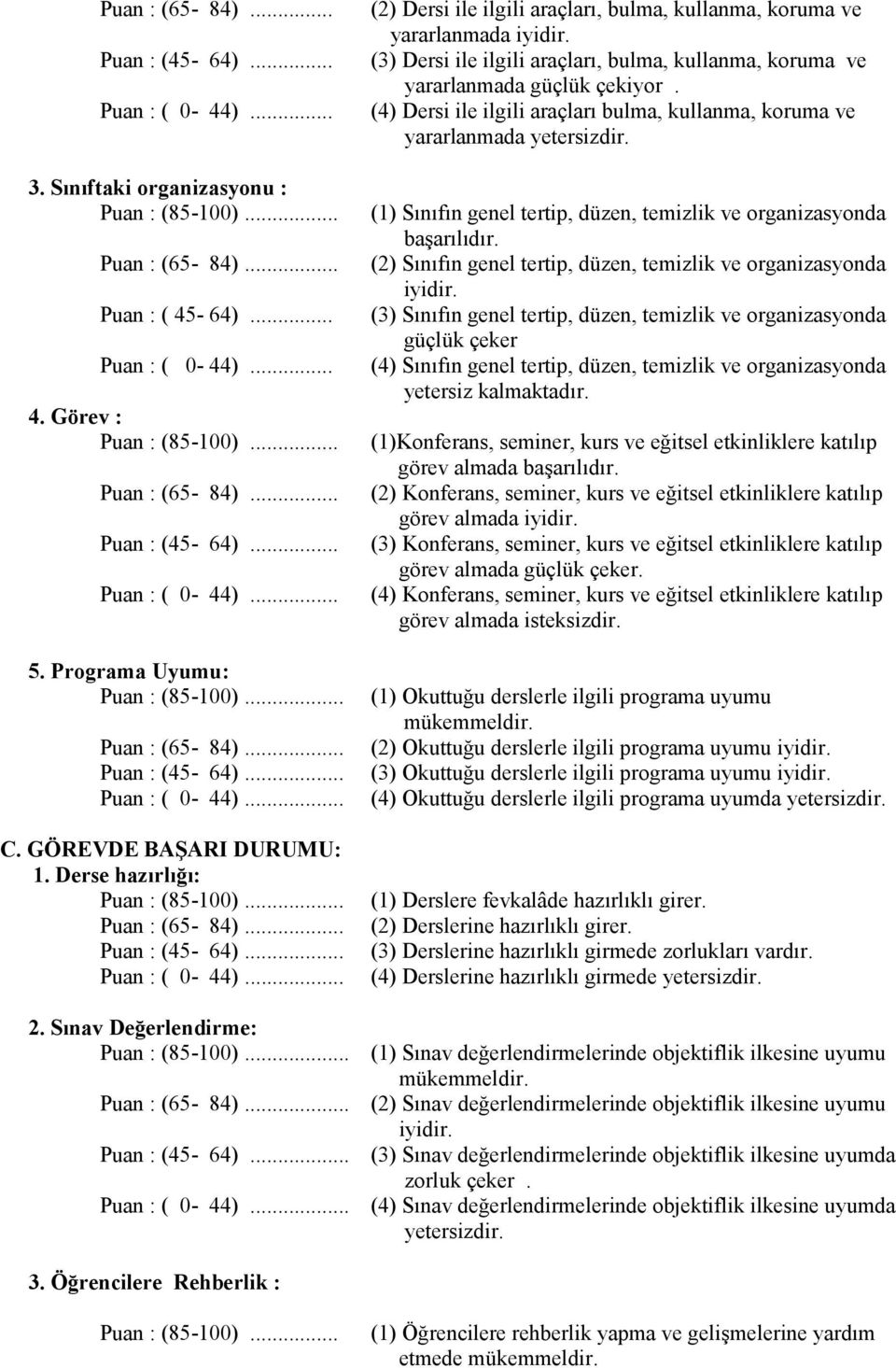 .. 4. Görev : Puan : (85-100)... Puan : (65-84)... Puan : (45-64)... Puan : ( 0-44)... 5. Programa Uyumu: Puan : (85-100)... Puan : (65-84)... Puan : (45-64)... Puan : ( 0-44)... C.