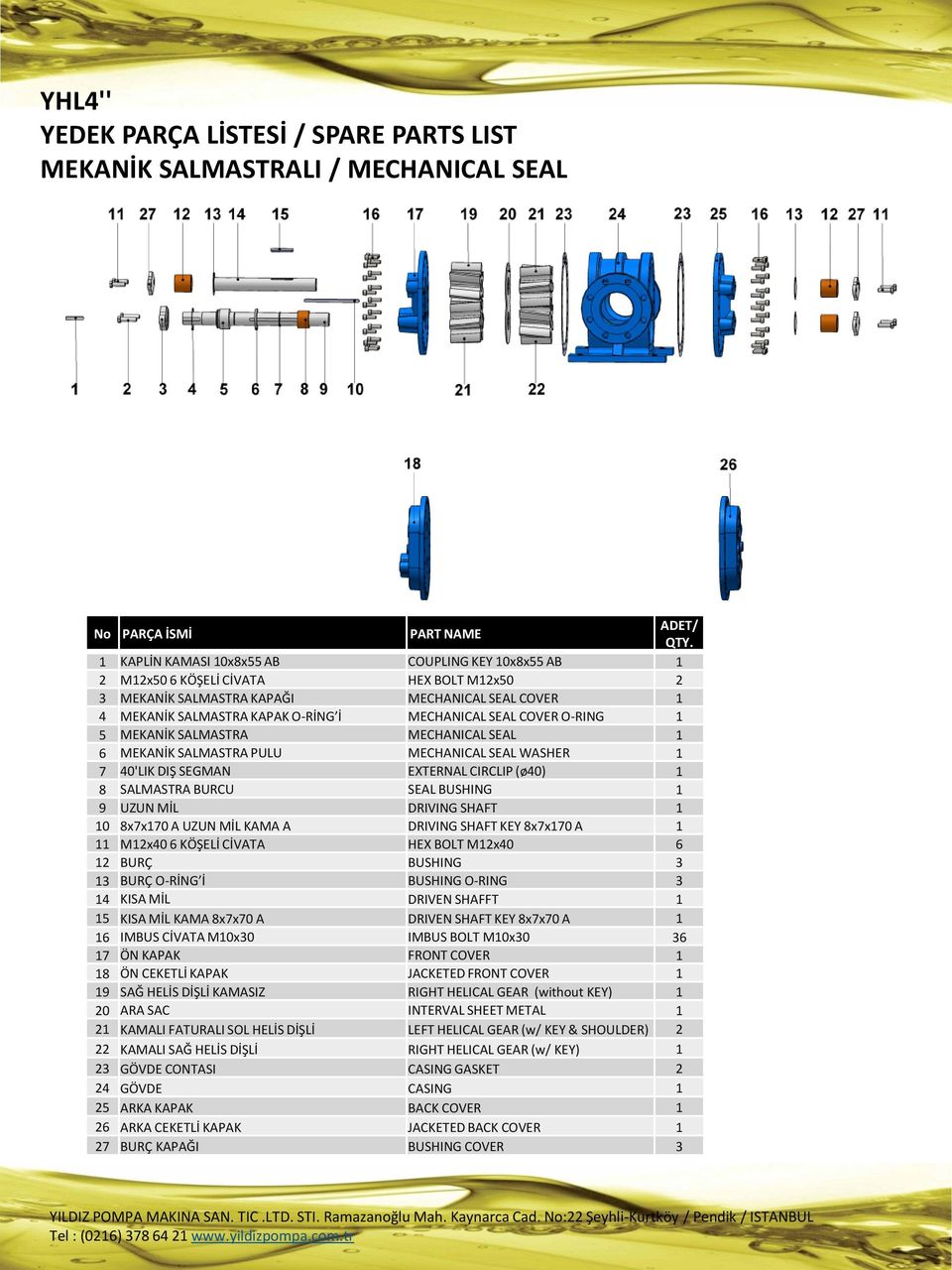 COVER O-RING 1 5 MEKANİK SALMASTRA MECHANICAL SEAL 1 6 MEKANİK SALMASTRA PULU MECHANICAL SEAL WASHER 1 7 40'LIK DIŞ SEGMAN EXTERNAL CIRCLIP (ø40) 1 8 SALMASTRA BURCU SEAL BUSHING 1 9 UZUN MİL DRIVING