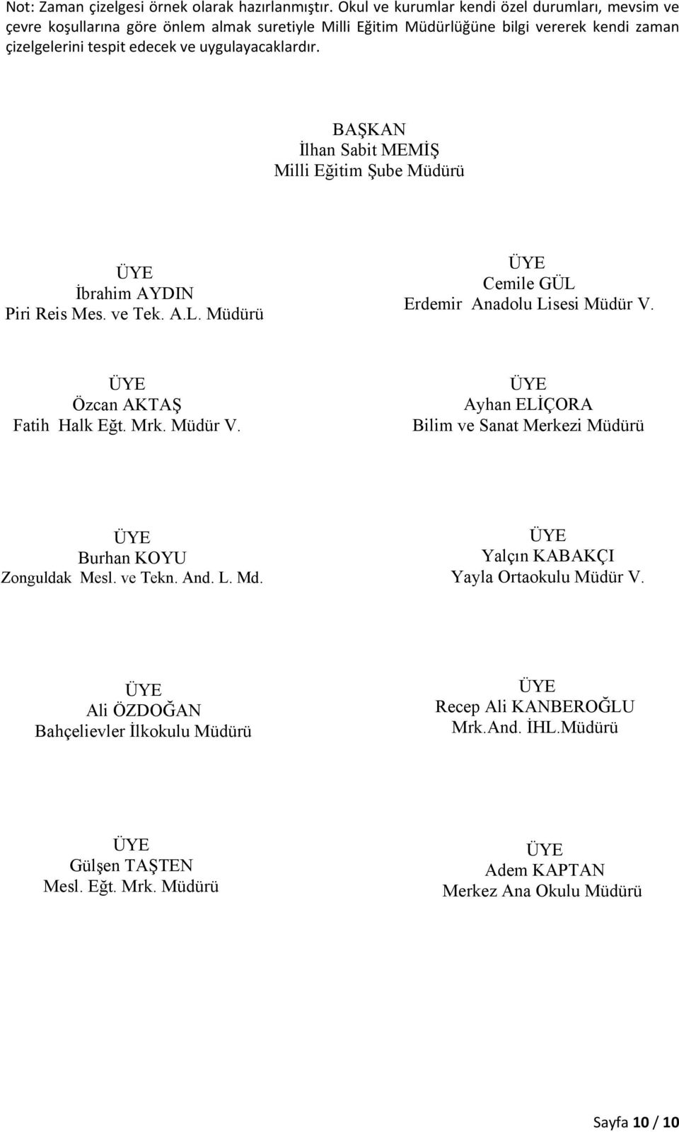 uygulayacaklardır. BAŞKAN İlhan Sabit MEMİŞ Milli Eğitim Şube Müdürü İbrahim AYDIN Piri Reis Mes. ve Tek. A.L. Müdürü Cemile GÜL Erdemir Anadolu Lisesi Müdür V.