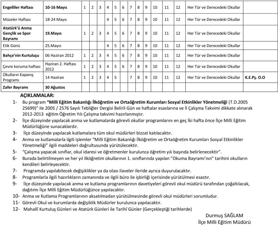 Mayıs 4 5 6 7 8 9 10 11 12 Her Tür ve Derecedeki Okullar Bahçe nin Kurtuluşu 06 Haziran 2012 1 2 3 4 5 6 7 8 9 10 11 12 Her Tür ve Derecedeki Okullar Çevre koruma haftası Okulların Kapanış Programı