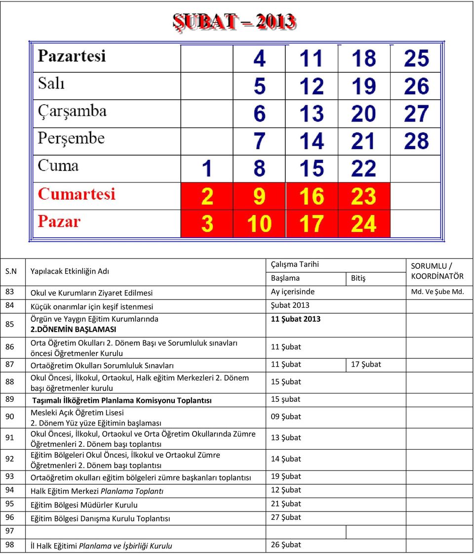 Dönem Başı ve Sorumluluk sınavları 11 Şubat öncesi Öğretmenler Kurulu 87 Ortaöğretim Okulları Sorumluluk Sınavları 11 Şubat 17 Şubat 88 Okul Öncesi, İlkokul, Ortaokul, Halk eğitim Merkezleri 2.