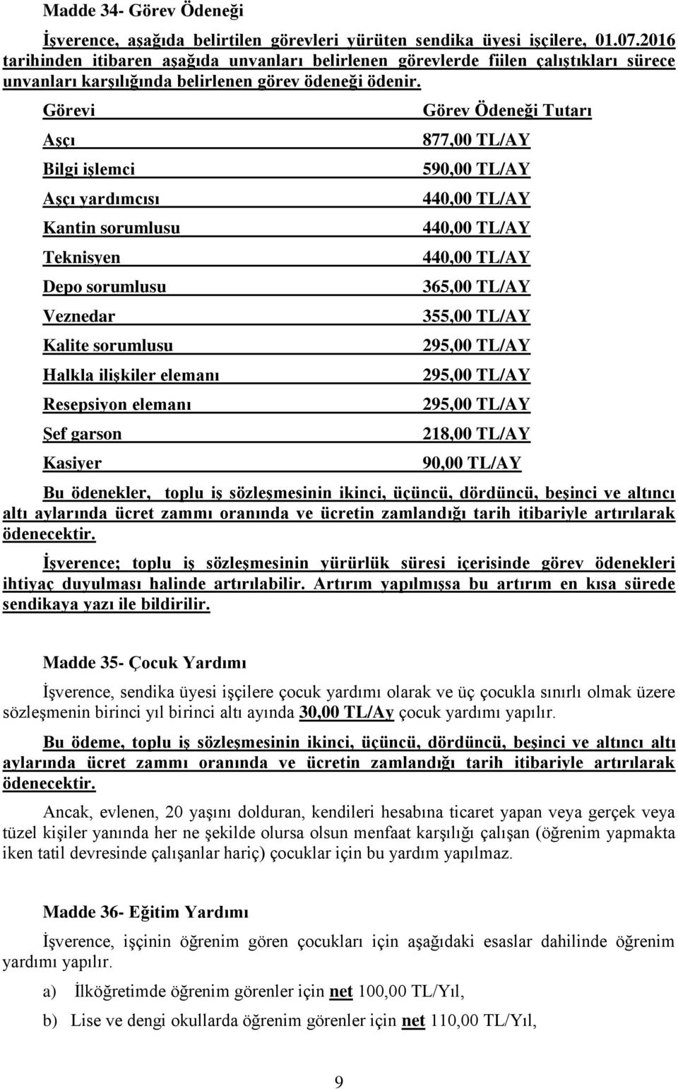 Görevi Aşçı Bilgi işlemci Aşçı yardımcısı Kantin sorumlusu Teknisyen Depo sorumlusu Veznedar Kalite sorumlusu Halkla ilişkiler elemanı Resepsiyon elemanı Şef garson Kasiyer Görev Ödeneği Tutarı