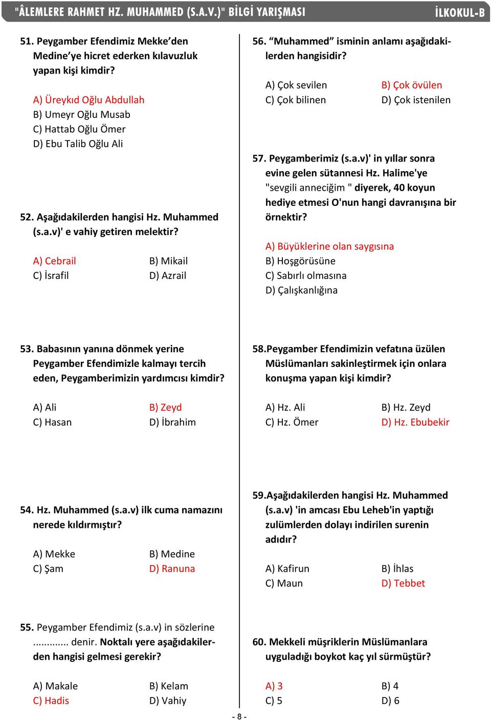 A) Çok sevilen B) Çok övülen C) Çok bilinen D) Çok istenilen 57. Peygamberimiz (s.a.v)' in yıllar sonra evine gelen sütannesi Hz.