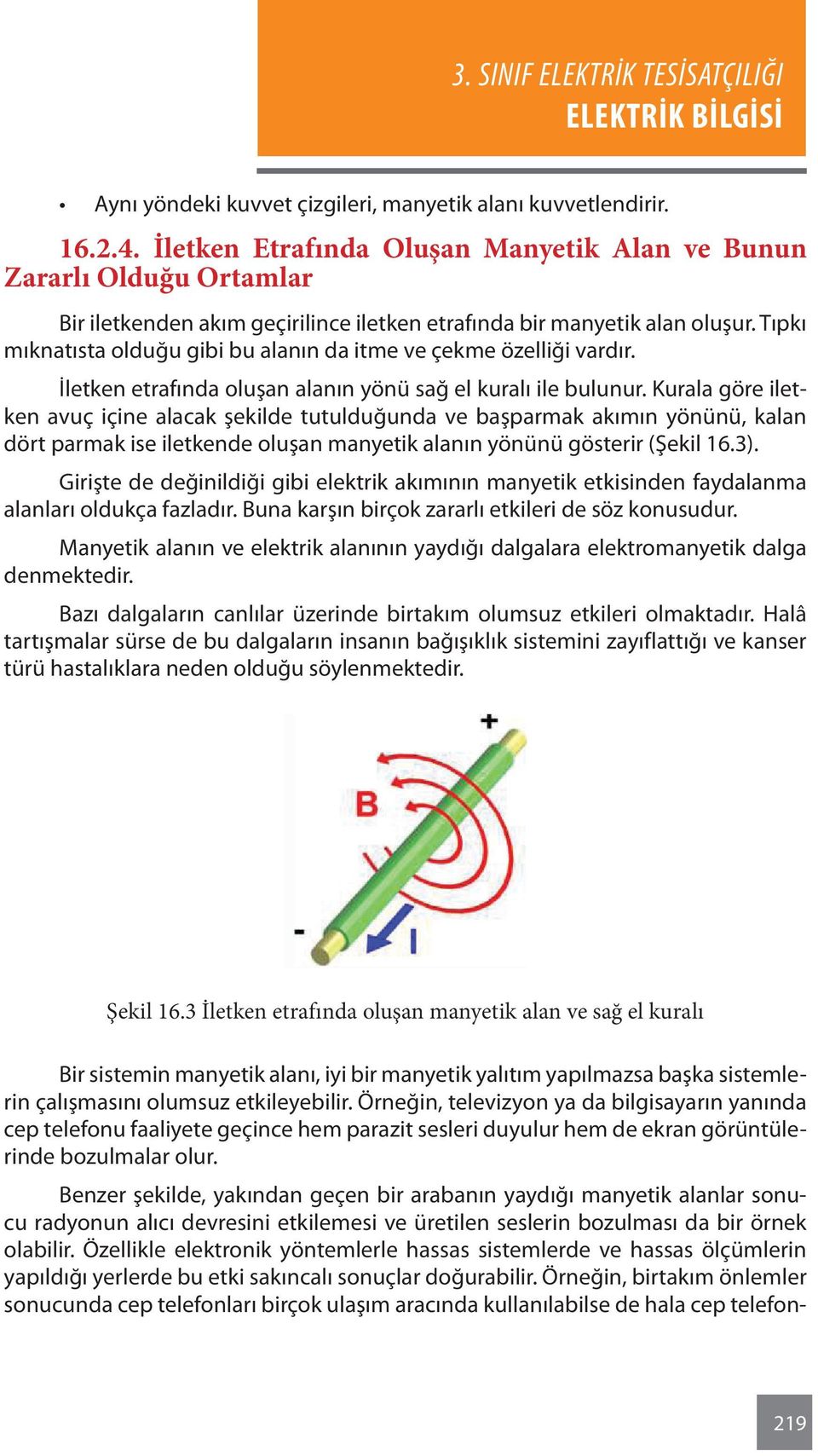 Tıpkı mıknatısta olduğu gibi bu alanın da itme ve çekme özelliği vardır. İletken etrafında oluşan alanın yönü sağ el kuralı ile bulunur.