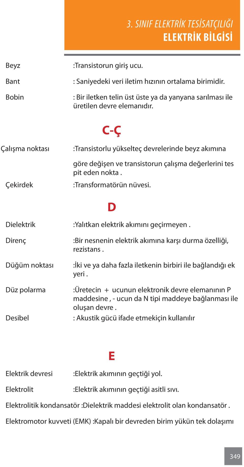 Dielektrik :Yalıtkan elektrik akımını geçirmeyen. D Direnç Düğüm noktası Düz polarma Desibel :Bir nesnenin elektrik akımına karşı durma özelliği, rezistans.