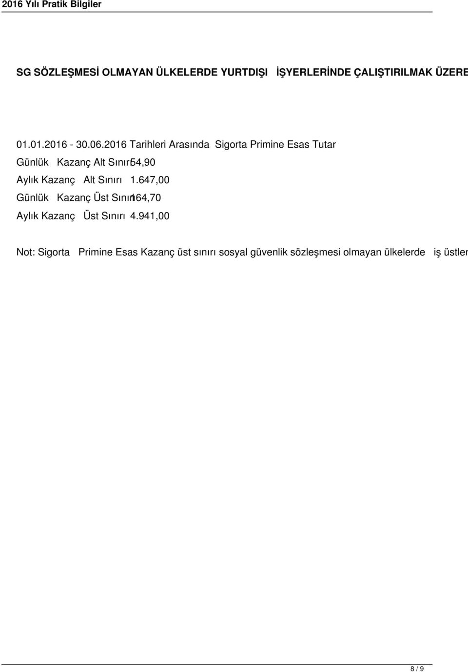 Alt Sınırı 1.647,00 Günlük Kazanç Üst Sınırı164,70 Aylık Kazanç Üst Sınırı 4.