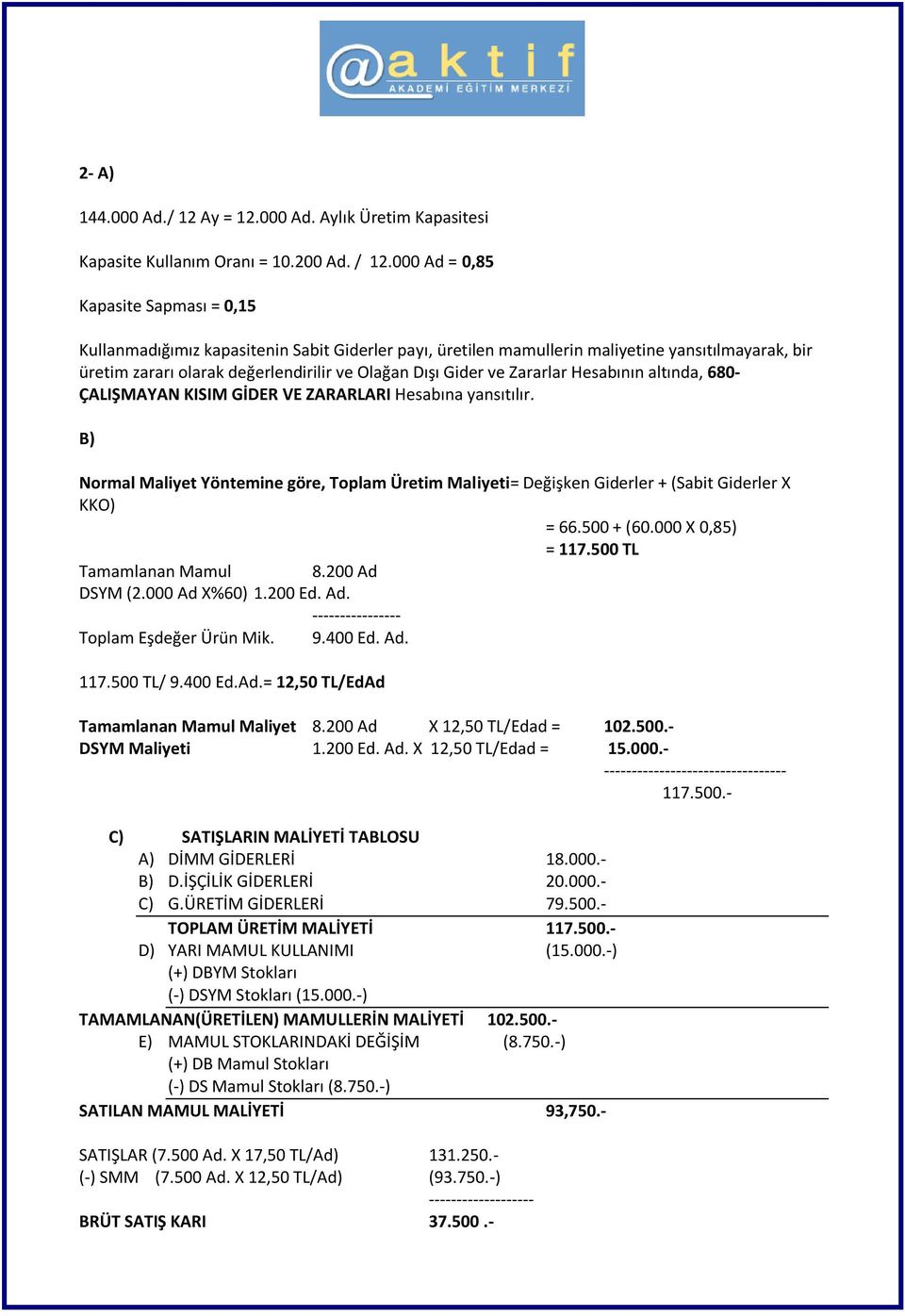 Zararlar Hesabının altında, 680- ÇALIŞMAYAN KISIM GİDER VE ZARARLARI Hesabına yansıtılır. B) Normal Maliyet Yöntemine göre, Toplam Üretim Maliyeti= Değişken Giderler + (Sabit Giderler X KKO) = 66.