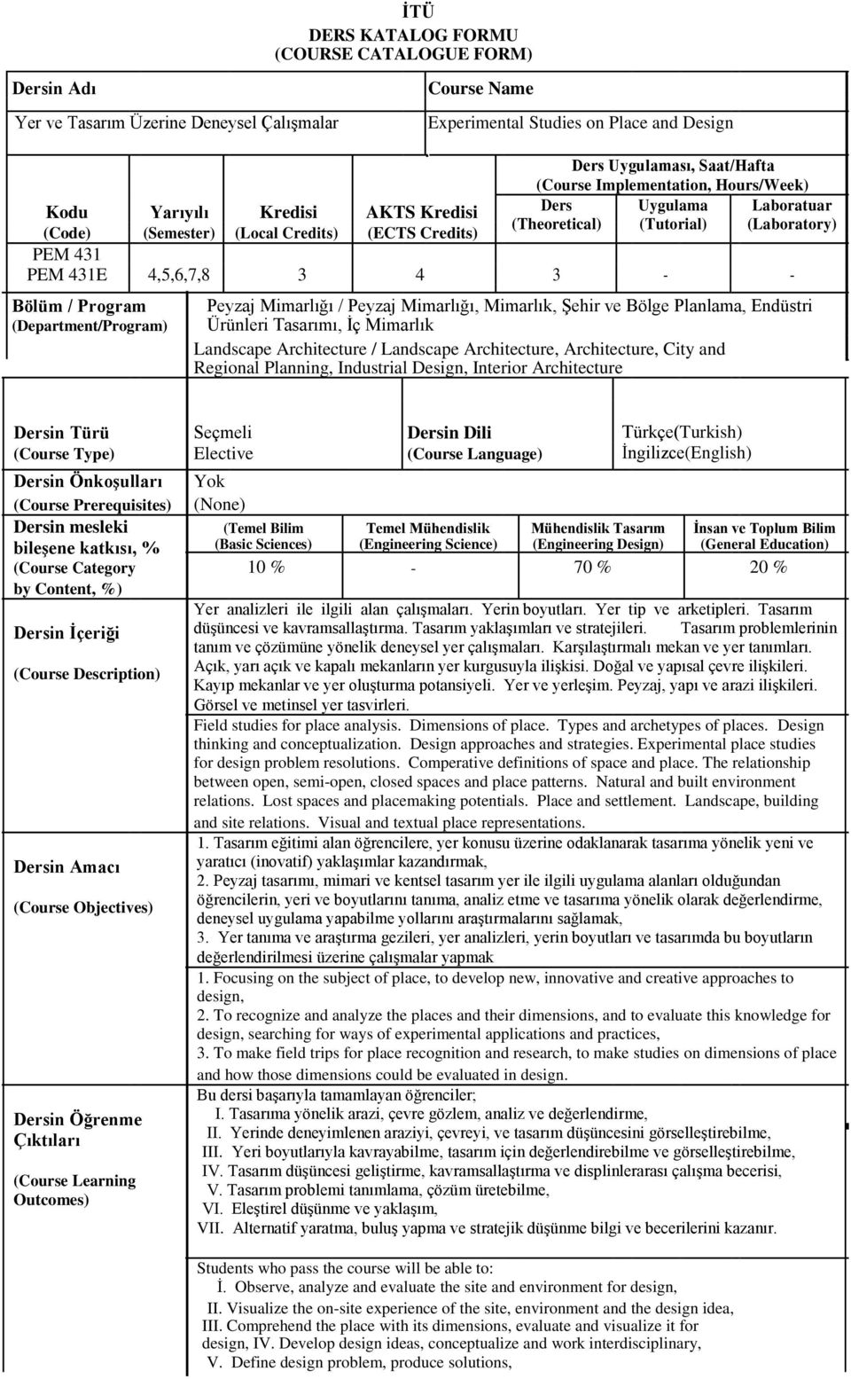 4,5,6,7,8 3 4 3 - - Bölüm / Program (Department/Program) Peyzaj Mimarlığı / Peyzaj Mimarlığı, Mimarlık, Şehir ve Bölge Planlama, Endüstri Ürünleri Tasarımı, İç Mimarlık Landscape Architecture /