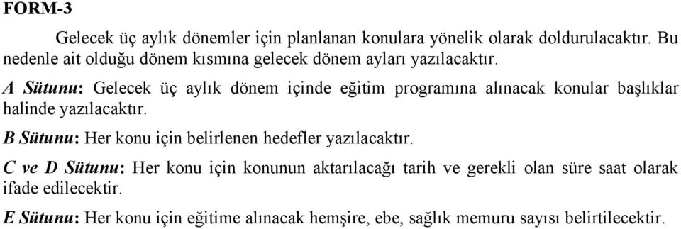 A Sütunu: Gelecek üç aylık dönem içinde eğitim programına alınacak konular başlıklar halinde yazılacaktır.