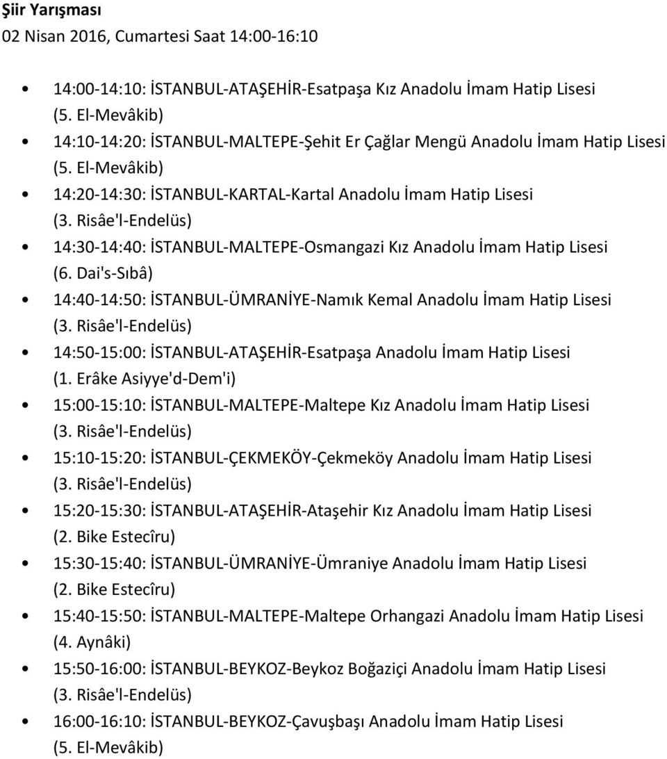 Hatip Lisesi 14:50-15:00: İSTANBUL-ATAŞEHİR-Esatpaşa Anadolu İmam Hatip Lisesi 15:00-15:10: İSTANBUL-MALTEPE-Maltepe Kız Anadolu İmam Hatip Lisesi 15:10-15:20: İSTANBUL-ÇEKMEKÖY-Çekmeköy Anadolu İmam